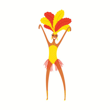 Girl, woman dancer in carnival costume, bikini with feathers, isolated on white. Hand drawn character vector illustration. Brazilian, Colombian carnival concept. Poster, flyer, banner design elementのイラスト素材