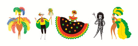 People, dancers in Colombian carnival traditional costumes, isolated on white. Hand drawn cartoon characters vector illustration. Barranquilla concept, design element for poster, flyer, bannerのイラスト素材