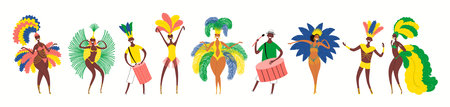 Brazilian carnival dancers, drummers in traditional costumes, isolated on white. Hand drawn cartoon characters vector illustration. Brazil carnival concept, design element for poster, flyer, bannerのイラスト素材