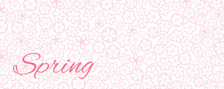 Spring blossoms, blooms, pink flowers background, backdrop. Line art style vector illustration. Abstract geometric design. Concept for seasonal promotion, sale, advertising, poster, banner cardのイラスト素材