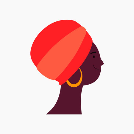 Beautiful black woman, girl in a turban, face in profile isolated on white. Flat style vector illustration. Female cartoon character. Design element for 8 March, Womens Day card, banner, posterのイラスト素材