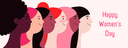 Beautiful diverse women, girls faces in profile. Flat style vector illustration. Female cartoon characters. Design concept for 8 March, Womens Day card, banner, poster, feminism, gender equalityのイラスト素材