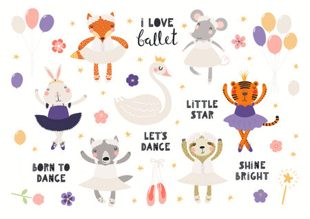 Cute animal ballerinas, pointe shoes, flowers, balloons, quotes, big set isolated on white. Hand drawn vector illustration. Scandinavian style flat design. Kids prints, characters, elements collectionのイラスト素材