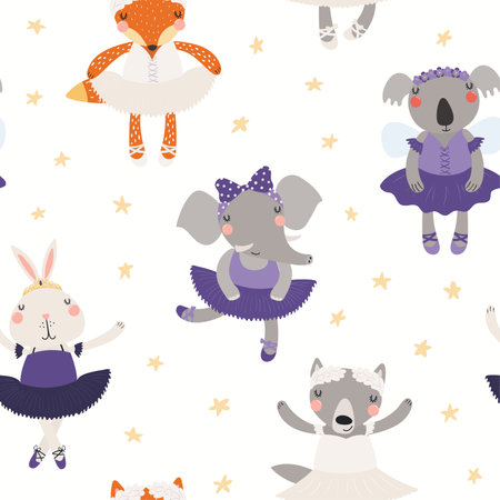Cute animals ballerinas, ballet dancers seamless pattern on white background. Hand drawn vector illustration. Scandinavian style flat design. Concept kids textile, fashion print, wallpaper, package.のイラスト素材