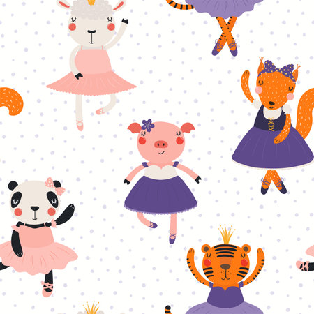 Cute animals ballerinas, ballet dancers seamless pattern on white background. Hand drawn vector illustration. Scandinavian style flat design. Concept kids textile, fashion print, wallpaper, package.のイラスト素材