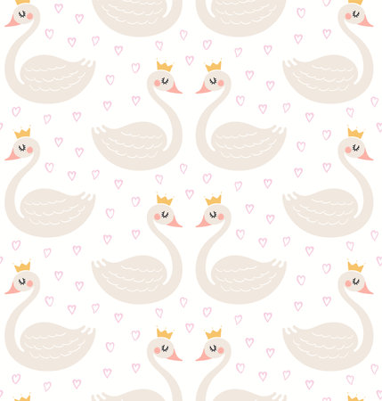 Cute princess swans in crowns, hearts seamless pattern on white background. Hand drawn vector illustration. Scandinavian style flat design. Concept kids textile, fashion print, wallpaper, package.のイラスト素材