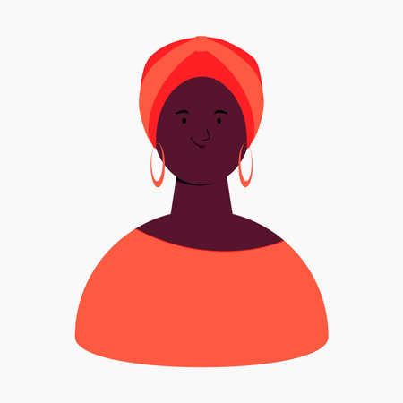 Beautiful black woman in head wrap, isolated on white. Flat style vector illustration. Female cartoon character. Design element for 8 March, Womens Day card, poster. Feminism, gender equality conceptのイラスト素材