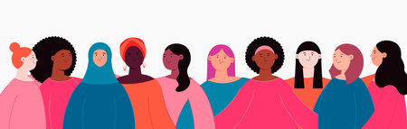Diverse beautiful modern women, girls group, hugging. Flat style vector illustration. Female cartoon characters. Design element for 8 March, Womens Day card, banner, poster. Feminism, equality conceptのイラスト素材