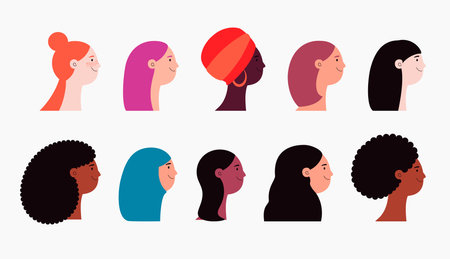 Beautiful diverse women, girls, faces in profile isolated on white. Flat style vector illustration. Female cartoon characters set. Design element 8 March, Womens Day banner, poster. Feminism conceptのイラスト素材
