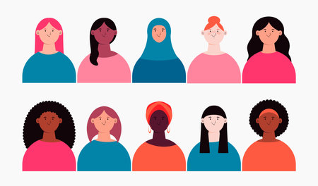 Beautiful diverse women, girls, isolated on white. Flat style vector illustration. Female cartoon characters set. Design element for 8 March, Womens Day card, banner. Feminism, gender equality conceptのイラスト素材