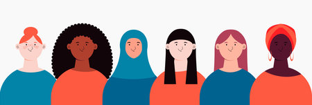 Diverse beautiful modern women, girls group. Flat style vector illustration. Female cartoon characters. Design element for 8 March, Womens Day card, banner, poster. Feminism, gender equality conceptのイラスト素材