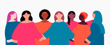 Diverse beautiful modern women, girls group, hugging. Flat style vector illustration. Female cartoon characters. Design element for 8 March, Womens Day card, banner, poster. Feminism, equality conceptのイラスト素材