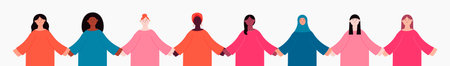 Diverse beautiful modern women, girls group, holding hands. Flat style vector illustration. Female...