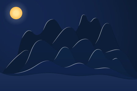 Mountains landscape and moon abstract geometric background. Asian style flat vector illustration. Design concept for Mid Autumn Festival, Chinese New Year backdrop, card, poster, bannerのイラスト素材
