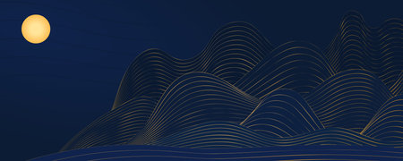 Mountains landscape, moon, waves abstract background. Asian style vector illustration. Hand drawn line art. Design concept Mid Autumn Festival, Chinese New Year backdrop, card, poster, bannerのイラスト素材