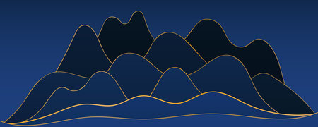 Mountains landscape at night abstract geometric background. Asian style flat vector illustration. Design concept for Mid Autumn Festival, Chinese New Year backdrop, card, poster, bannerのイラスト素材