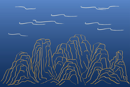 Mountains landscape, clouds, abstract background. Traditional Asian style vector illustration. Hand drawn line art. Design concept Mid Autumn Festival, Chinese New Year backdrop, card, poster, bannerのイラスト素材
