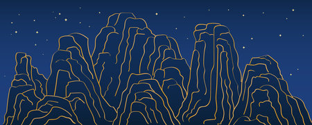 Mountains landscape, stars, abstract background. Traditional Asian style vector illustration. Hand drawn line art. Design concept Mid Autumn Festival, Chinese New Year backdrop, card, poster, bannerのイラスト素材