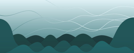 Mountains landscape, clouds, waves abstract geometric background. Asian style flat vector illustration. Design concept for Mid Autumn Festival, Chinese New Year backdrop, card, poster, bannerのイラスト素材