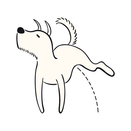 Cute cartoon dog, puppy peeing funny character illustration. Hand drawn vector, isolated. Line drawing. Domestic animal logo. Design concept for pet food, branding, business, vet, print, posterのイラスト素材