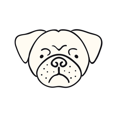 Pug dog, puppy face cute funny cartoon character illustration. Hand drawn vector, isolated. Line art. Domestic animal logo. Design concept pet food, branding, business, vet, print, posterのイラスト素材