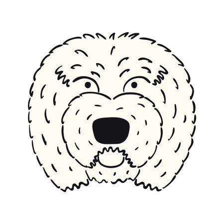 Old English sheepdog, puppy face cute funny cartoon character illustration. Hand drawn vector, isolated. Line art. Domestic animal logo. Design concept pet food, branding, business, vet, print, posterのイラスト素材