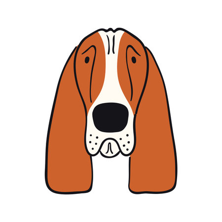Basset dog, puppy face cute funny cartoon character illustration. Hand drawn vector, isolated. Line art. Domestic animal logo. Design concept pet food, branding, business, vet, print, posterのイラスト素材