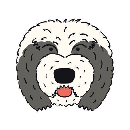 Old English sheepdog, puppy face cute funny cartoon character illustration. Hand drawn vector, isolated. Line art. Domestic animal logo. Design concept pet food, branding, business, vet, print, posterのイラスト素材