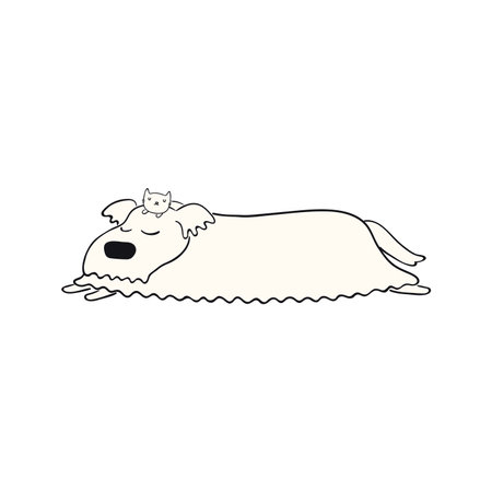 Cute cartoon sleeping dog, small kitten funny character illustration. Hand drawn vector, isolated. Line drawing. Domestic animal logo. Design concept pet food, branding, business, vet, print, posterのイラスト素材
