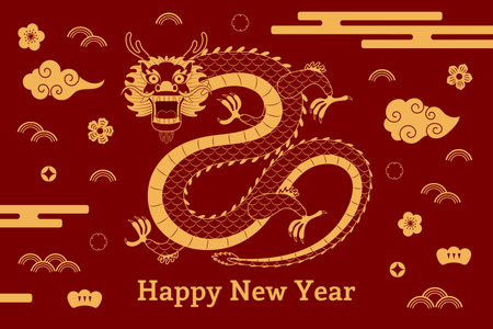 2024 Chinese New Year dragon, abstract elements, clouds, flowers, typography Happy New Year, gold on red. Vector illustration. Line art. Asian style design. Concept holiday card, banner, poster, decorのイラスト素材