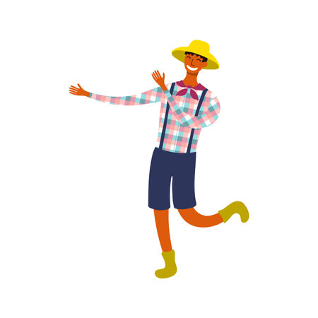 Festa Junina man, male dancer in traditional costume character illustration. Hand drawn cartoon vector, isolated on white. Brazilian holiday, Saint John festival, party, carnival design elementのイラスト素材