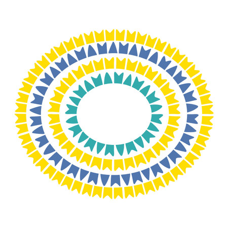 Flags, bunting oval frame, border, isolated. Hand drawn vector illustration. Brazilian holiday Festa Junina celebration, festival, party, carnival, birthday, anniversary, festive design elementのイラスト素材