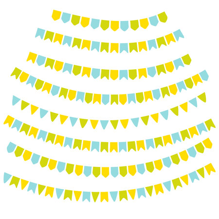 Flags, bunting, festive decoration, garlands, borders design elements set, isolated. Hand drawn vector illustration. Festa Junina celebration, holiday, festival, party, carnival, birthday, anniversaryのイラスト素材