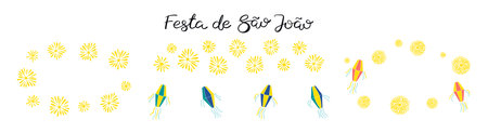 Festa Junina design elements set, lanterns, fireworks borders, frames with copy space, isolated. Hand drawn vector illustration. Traditional Brazilian holiday, Saint John festival, party, carnivalのイラスト素材