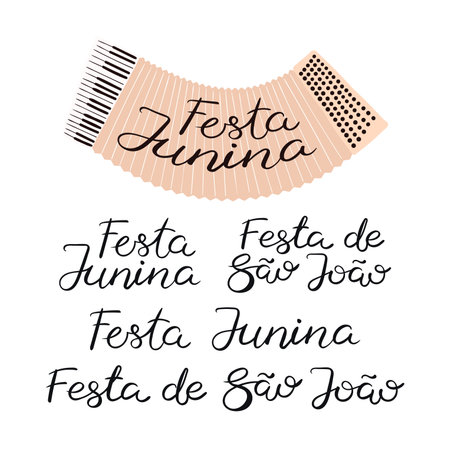 Festa Junina, Festa de Sao Joao Portuguese lettering quotes, hand written typography set, isolated. Hand drawn vector illustration. Traditional Brazilian holiday, Saint John festival, party, carnivalのイラスト素材