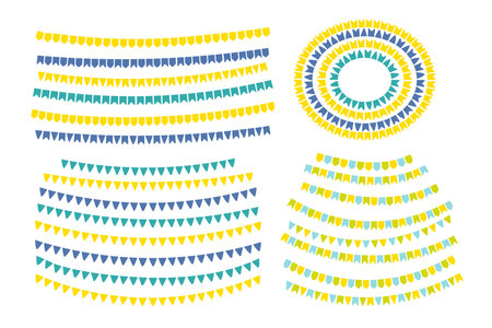 Flags, bunting, festive decoration, garlands, borders design elements set, isolated. Hand drawn vector illustration. Festa Junina celebration, holiday, festival, party, carnival, birthday, anniversaryのイラスト素材