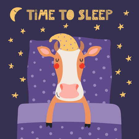 Cute funny sleeping cow with pillow, blanket, moon, stars, quote. Hand drawn vector illustration. Scandinavian style flat design. Kids fashion, textile print, poster, card, baby shower conceptのイラスト素材