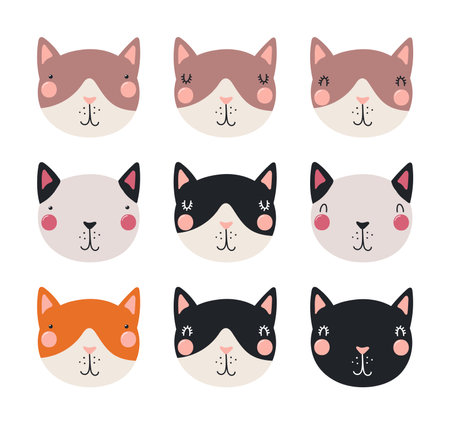 Cute funny cat faces illustrations set. Hand drawn cartoon character. Scandinavian style flat design, isolated vector. Kids print element, poster, card, wildlife, nature, baby animalsのイラスト素材