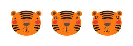 Cute funny tiger faces illustrations set. Hand drawn cartoon character. Scandinavian style flat design, isolated vector. Kids print element, poster, card, wildlife, nature, baby animalsのイラスト素材