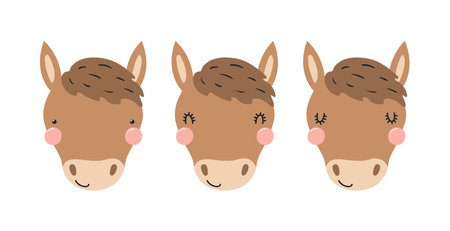 Cute funny horse faces illustrations set. Hand drawn cartoon character. Scandinavian style flat design, isolated vector. Kids print element, poster, card, wildlife, nature, baby animalsのイラスト素材
