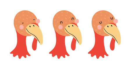 Cute funny turkey faces illustrations set. Hand drawn cartoon character. Scandinavian style flat design, isolated vector. Kids print element, poster, card, wildlife, nature, baby animalsのイラスト素材