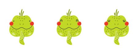Cute funny iguana faces illustrations set. Hand drawn cartoon character. Scandinavian style flat design, isolated vector. Kids print element, poster, card, wildlife, nature, baby animalsのイラスト素材
