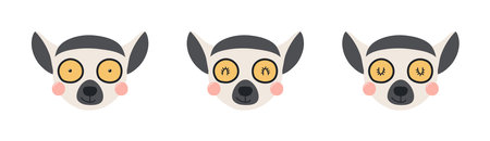 Cute funny lemur faces illustrations set. Hand drawn cartoon character. Scandinavian style flat design, isolated vector. Kids print element, poster, card, wildlife, nature, baby animalsのイラスト素材