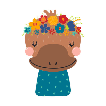 Cute funny platypus in floral wreath, t-shirt. Hand drawn cartoon character illustration. Scandinavian style flat design, isolated vector. Kids print element, flower crown, summer blooms, blossomsのイラスト素材