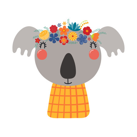 Cute funny koala in floral wreath, t-shirt. Hand drawn cartoon character illustration. Scandinavian style flat design, isolated vector. Kids print element, flower crown, summer blooms, blossomsのイラスト素材