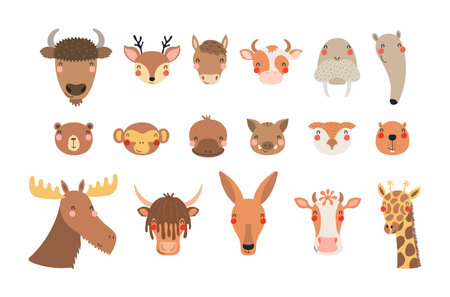 Cute funny baby animals faces illustrations set. Hand drawn cartoon characters. Scandinavian style flat design, isolated vector. Kids print elements, clipart collection, wildlife, nature, poster, cardのイラスト素材