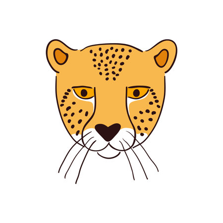 Cute cheetah face, portrait hand drawn cartoon character illustration, sketch. Line art, drawing style design, isolated vector. Tropical animal, jungle wildlife, big cat, safari, nature, print elementのイラスト素材