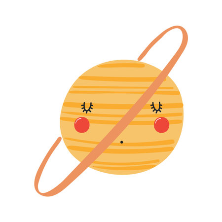 Planet Saturn with kawaii face funny cute cartoon character illustration. Hand drawn Scandinavian style flat design, isolated vector. Kids print element, astronomy, astrology, celestial body, spaceのイラスト素材