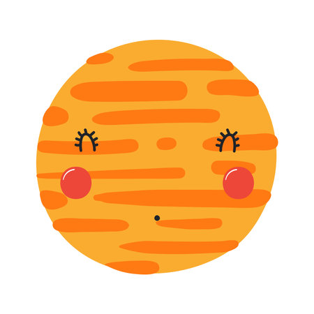 Planet Jupiter with kawaii face funny cute cartoon character illustration. Hand drawn Scandinavian style flat design, isolated vector. Kids print element, astronomy, astrology, celestial body, spaceのイラスト素材