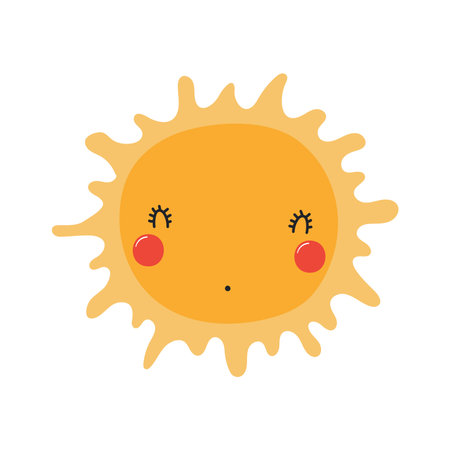 Sun with kawaii face funny cute cartoon character illustration. Hand drawn Scandinavian style flat design, isolated vector. Kids print element, astronomy, astrology, celestial body, spaceのイラスト素材